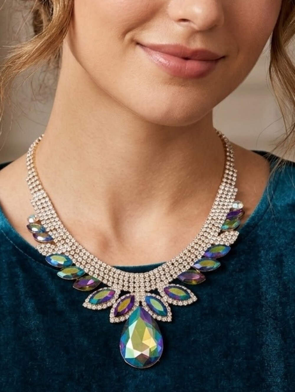 Gold-Tone Crystal Statement Necklace with Iridescent Blue Teardrop NWT
